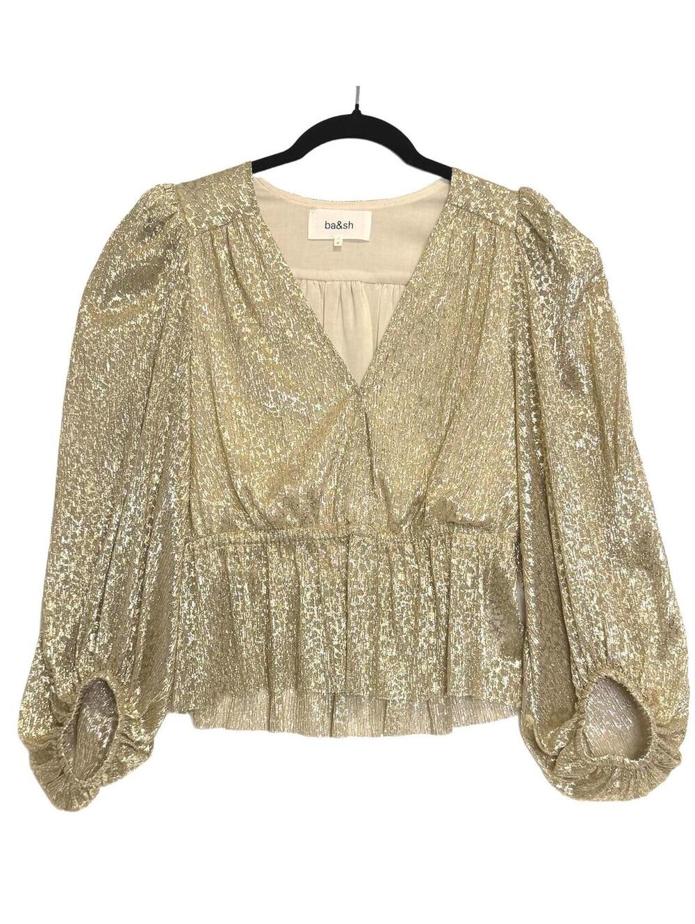 Ba&sh Caitlin Gold Leopard Metallic Lurex Blouse Balloon‎ Sleeve Size 0